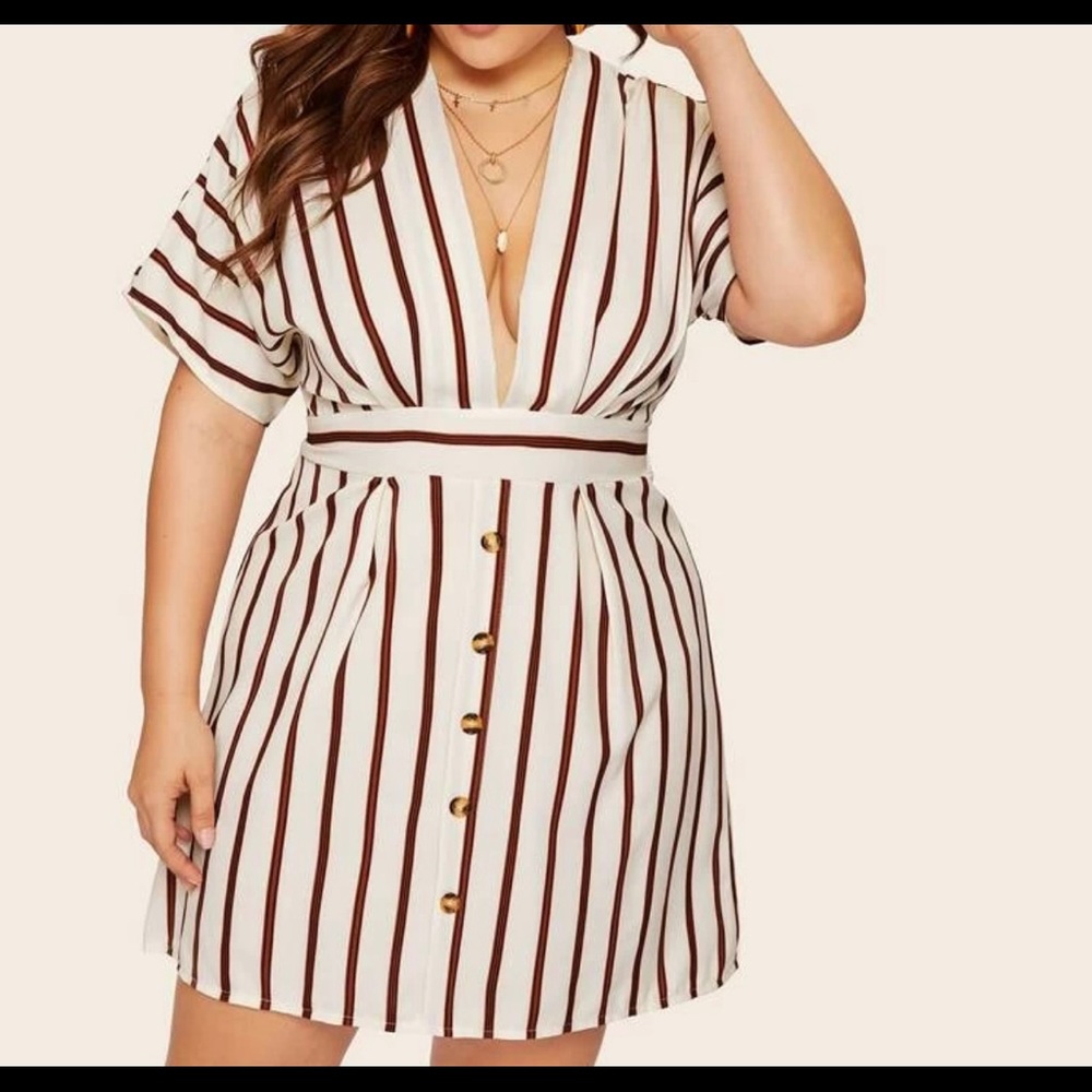 Plus Deep V Neck Striped Dress